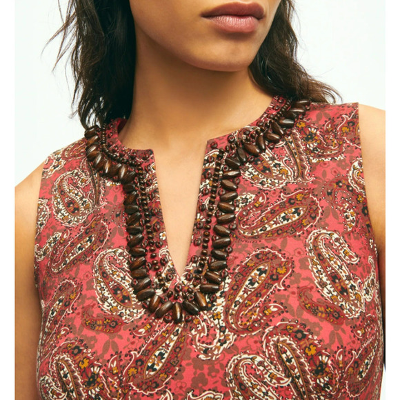 Brooks Brothers Beaded Paisley Sheath Dress Size 2 Red Split Neck Lined Career - Picture 3 of 11